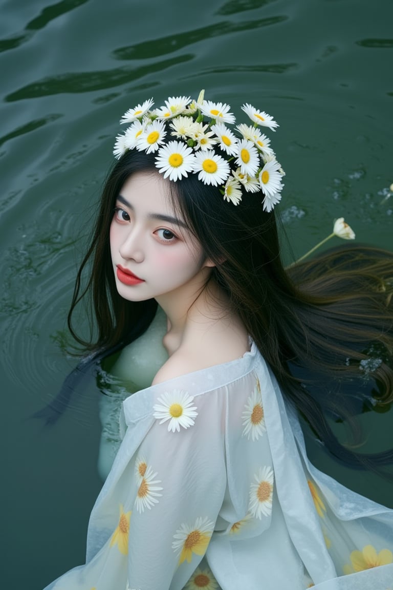 a photograph of dal style, a girl in a kimono is floating in the water with white daisies on top of her head, and she has long hair that looks like it's made out of seaweed or some kind of seaweed-like material