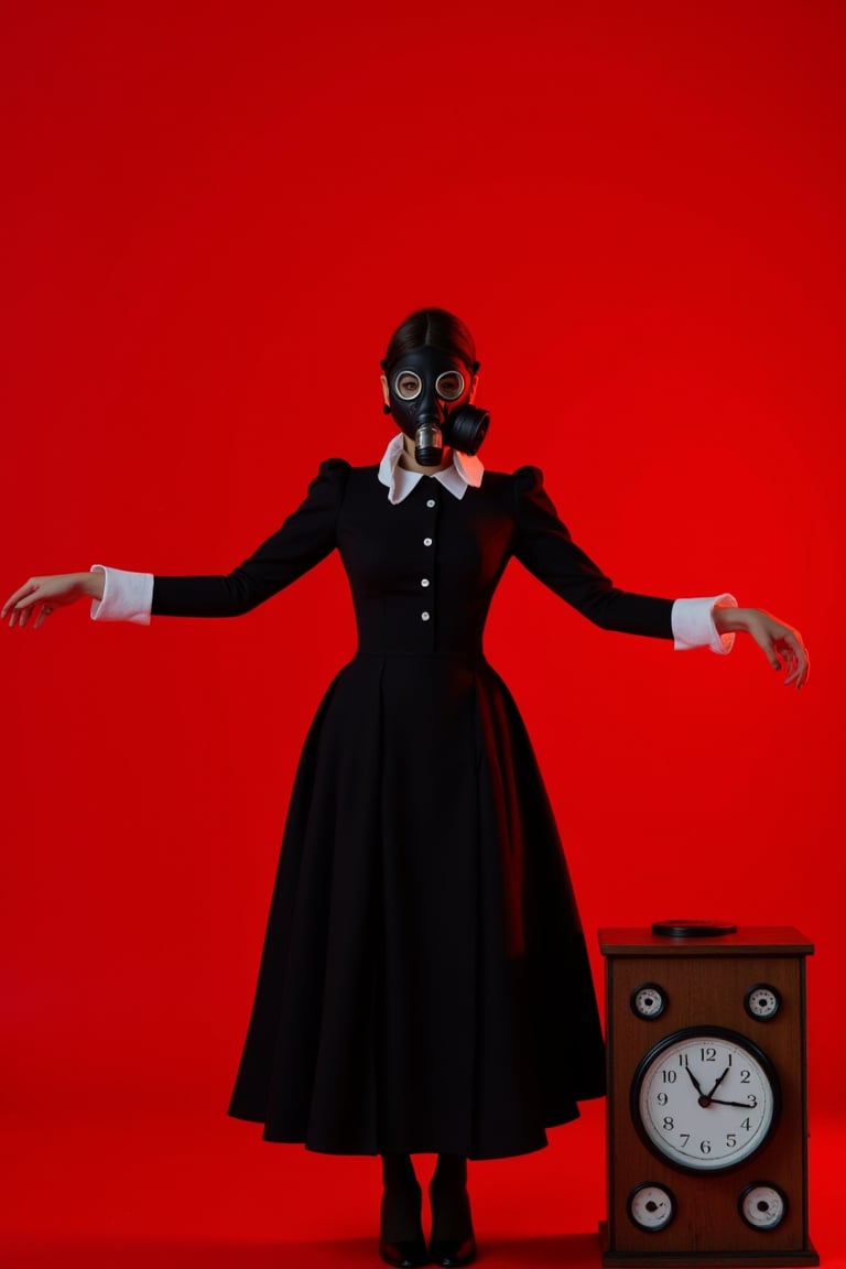 a photograph of dal style, a woman dressed in black and white with a red background holding her arms out to the side while wearing some sort of gas mask on her head, she is standing next to an object that looks like a clock or something along those lines