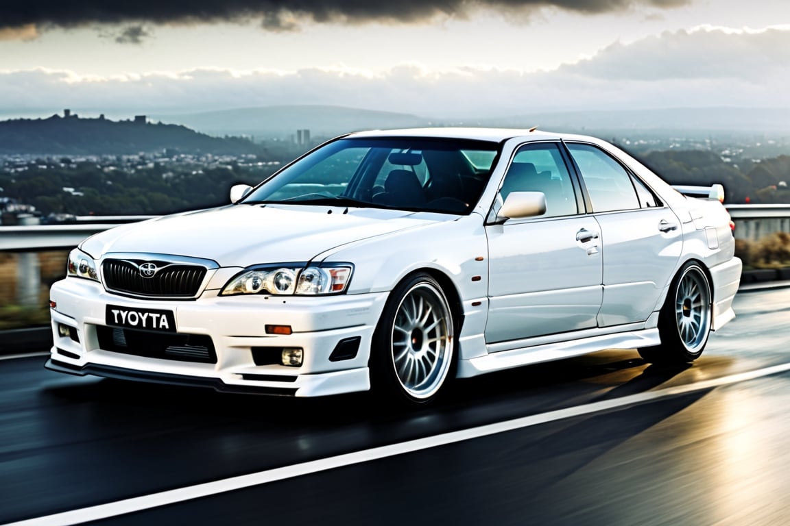 A depiction of a Toyota chaser Lowered Suspension, White, black rubber tyres, ((silver wheels)),  parked on the road in a Heavenly area background, at Day time, Dull sky, Front Side view, (symmetrical), (symmetrical lights) ,more detail XL,H effect