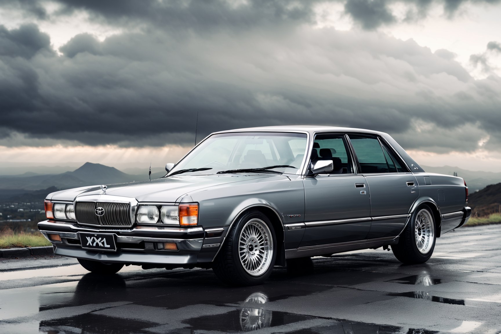 A depiction of a Toyota Cressida Lowered Suspension, Graphite grey, black rubber tyres, ((silver wheels)),  parked on the road in a Heavenly area background, at Day time, Dull sky, Front Side view, (symmetrical), (symmetrical lights) ,more detail XL,H effect