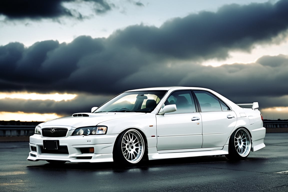 A depiction of a Toyota chaser Lowered Suspension, White, black rubber tyres, ((silver wheels)),  parked on the road in a Heavenly area background, at Day time, Dull sky, Front Side view, (symmetrical), (symmetrical lights) ,more detail XL,H effect