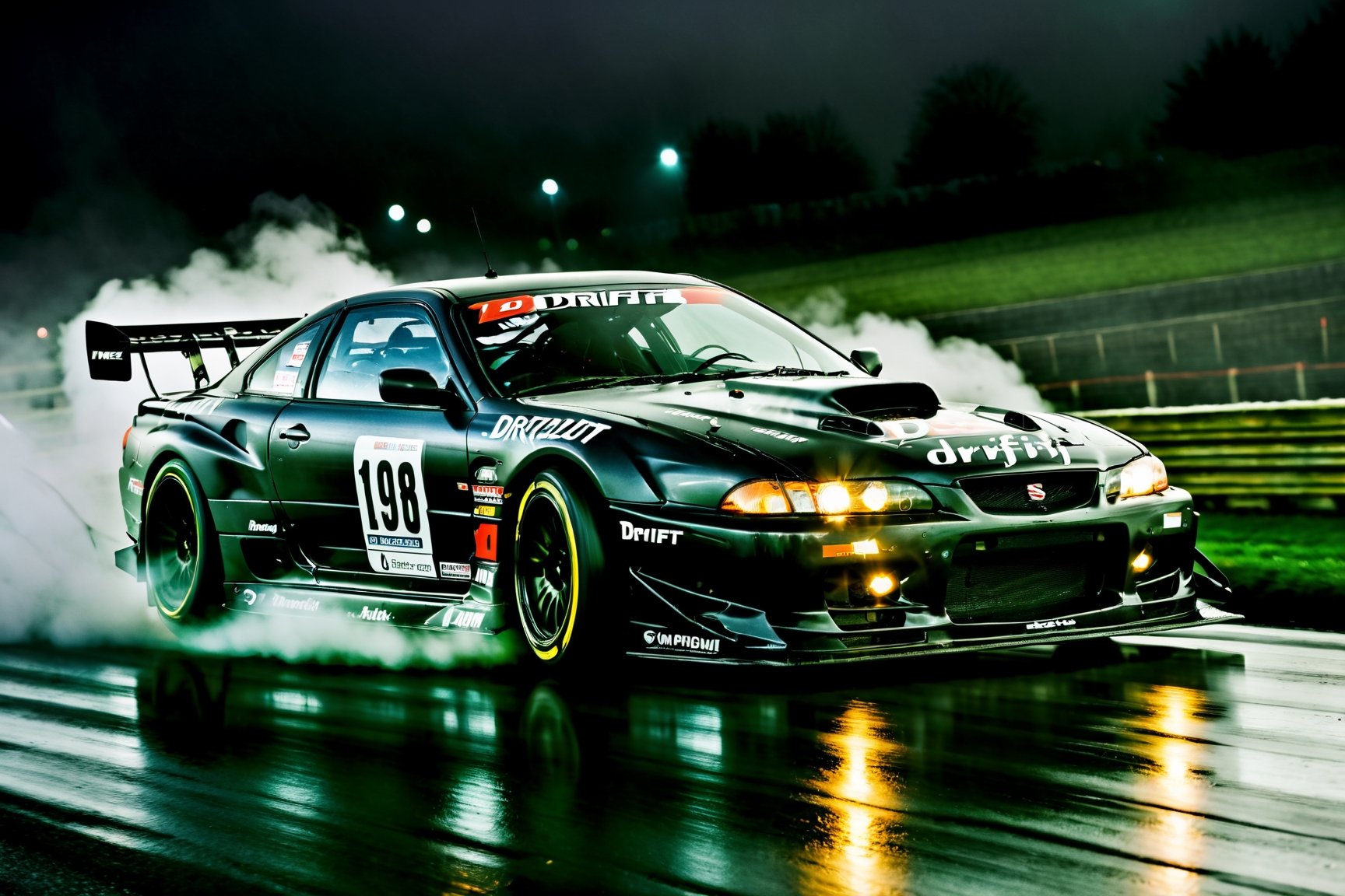 A Racing scene depiction of drift racing car on a Foggy night, Lowered suspension, Black colour, (Black wheels), Tyre Smoke,  Speeding on the road, Album Cover, Night, Rain, Dark Foggy, Black, Drift Cars, Car Meeting, Front Side view, (symmetrical), ,more detail XL,H effect