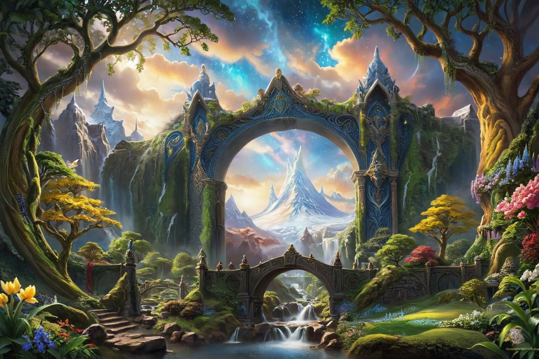 generate a picture description of the serene gardens of Asgard with beautiful colourful flowers, trees swaying in the breeze, flowers, little flowers, The majestic realm of Asgard, a mythical world filled with towering golden palaces Bi-frost bridges and enchanting landscapes. In this breathtaking painting, vibrant colors leap from the canvas, showcasing the intricate details of ornate architecture and lush greenery. The mighty gods and goddesses of Norse mythology can be seen coexisting with fantastical creatures, their awe-inspiring presence palpable. Expert brushstrokes and impeccable attention to detail create an image of exceptional realism and grandeur, leaving viewers captivated by the celestial beauty of Asgard.,Extremely Realistic