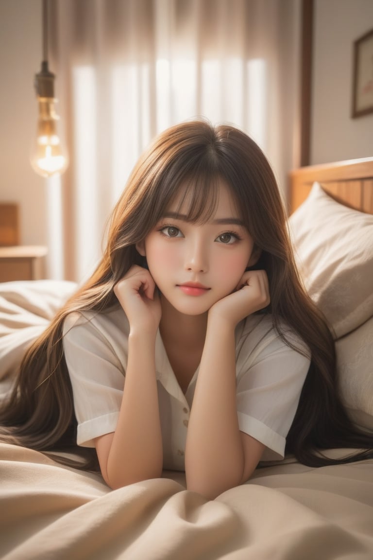 A serene Taiwanese bedroom scene: A young girl with long, dark hair lies on a plush pillow, her bangs framing her heart-shaped face, warm brown eyes gazing directly at the viewer. Soft lighting casts a cozy glow on her peaceful slumber, illuminating her casual shirt and bedsheet against a subtle, cream-colored backdrop.