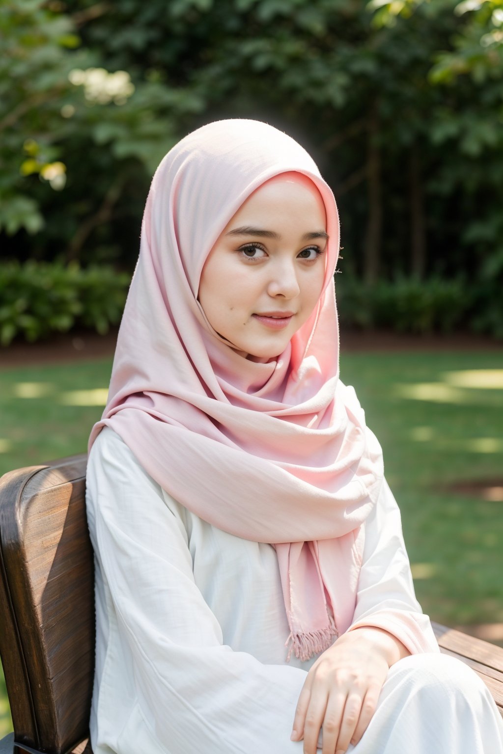 portrait of a beautiful girl, wearing a Islamic hijab, glassesrealistic, best quality, 4k, high resolution, masterpiece: 1.2, highly detailed, realistic: 1.37, flower garden background, sitting on a park chair, natural,dilraba,yoona,cewekcantik