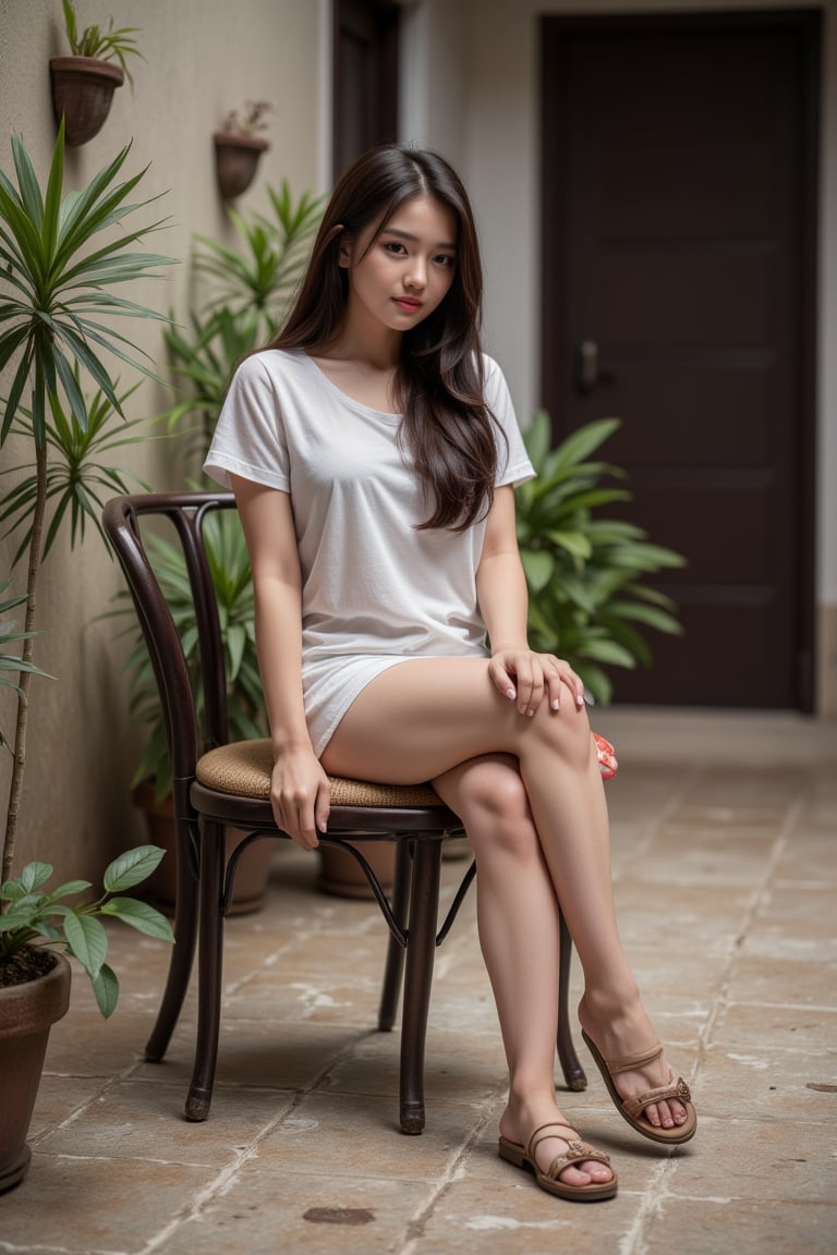 A disillusioned 25-year-old Indonesian girl, in retro 80s style, (detailed hands and perfect finger), rural vibes. He a sitting on chair in the front home. (outdoor), wearing tshirt and sandals, long hair, double iris, lips, oval face, legs open, side view, face looking at camera:1.2, smile, detail background, (afternoon), sandal details. The scene is painted in muted pastels,  a full body shot, evoking a nostalgic atmosphere reminiscent of vintage photographs, with worn tiles and potted plants in the background, blending elements of surrealism to emphasize the contrast between expectations and reality. The scene captures a moving moment of longing and emptiness, inviting viewers to reflect on the story behind his expression.