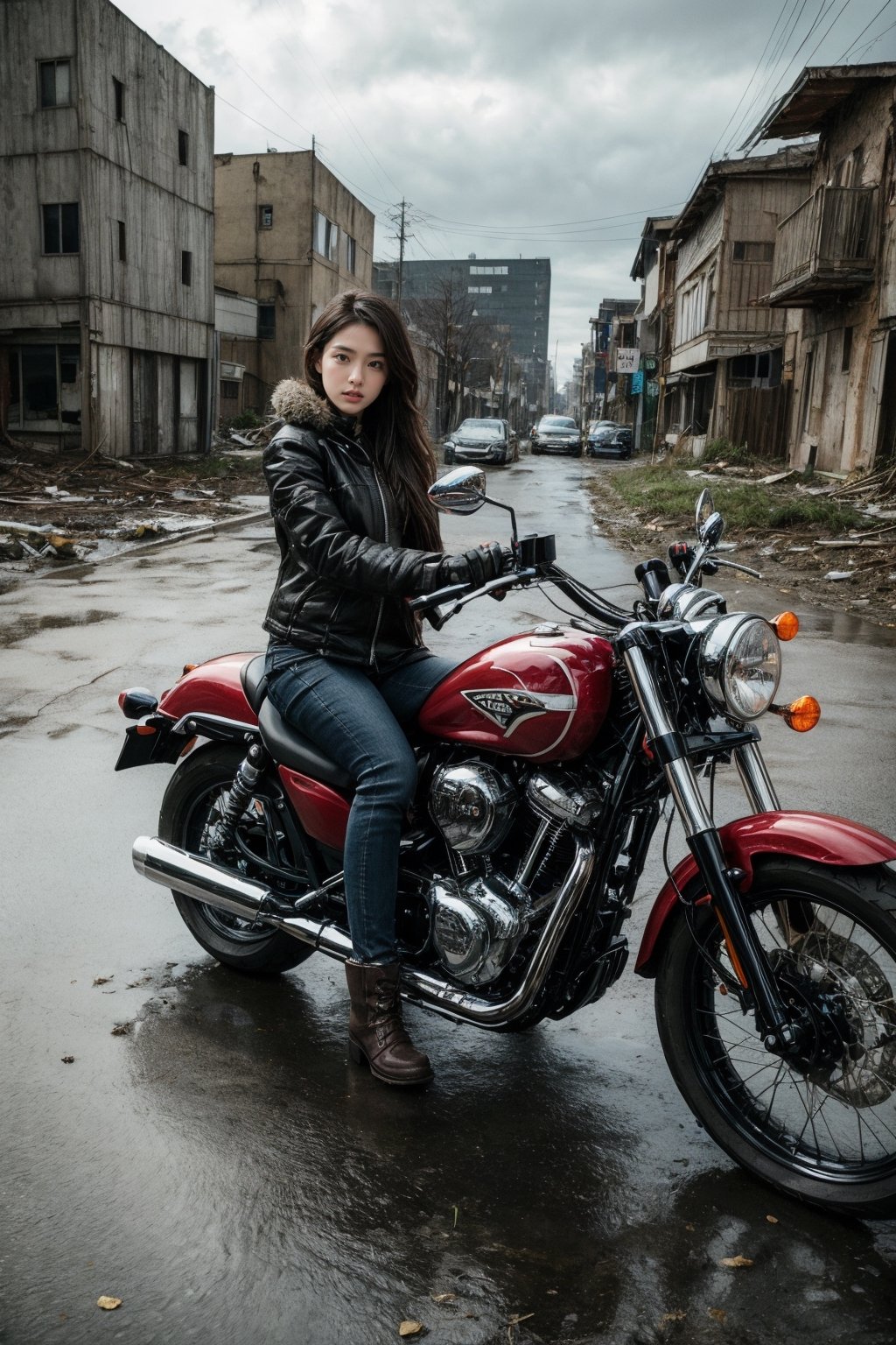 real drawing of a Japanese beautiful lady. She is riding a Vincent Black Shadow motorcycle through a postapocalyptic scenery. An abandoned town, perfect face, deserted buildings, wild foliage, cracks in the asphalt, rusty cars, scattered rubble, dust, and puddles of water. Dark clouds. Masterpiece. Highly detailed. Cluttered maximalism. Close-up shot. High angle. Super wide angle,