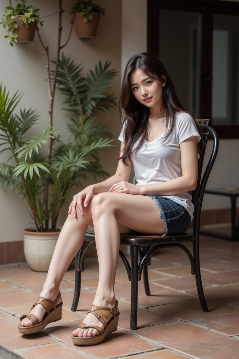 A disillusioned 25-year-old Indonesian girl, in retro 80s style, detailed hands, perfect finger, rural vibes, sitting. He a sitting on chair in the front home. (outdoor), wearing tshirt and sandals, long hair, double iris, lips, oval face, legs, side view, face looking at camera:1.2, smile, detail background, sandal details. The scene is painted in muted pastels,  a full body shot, evoking a nostalgic atmosphere reminiscent of vintage photographs, with worn tiles and potted plants in the background, blending elements of surrealism to emphasize the contrast between expectations and reality. The scene captures a moving moment of longing and emptiness, inviting viewers to reflect on the story behind his expression.