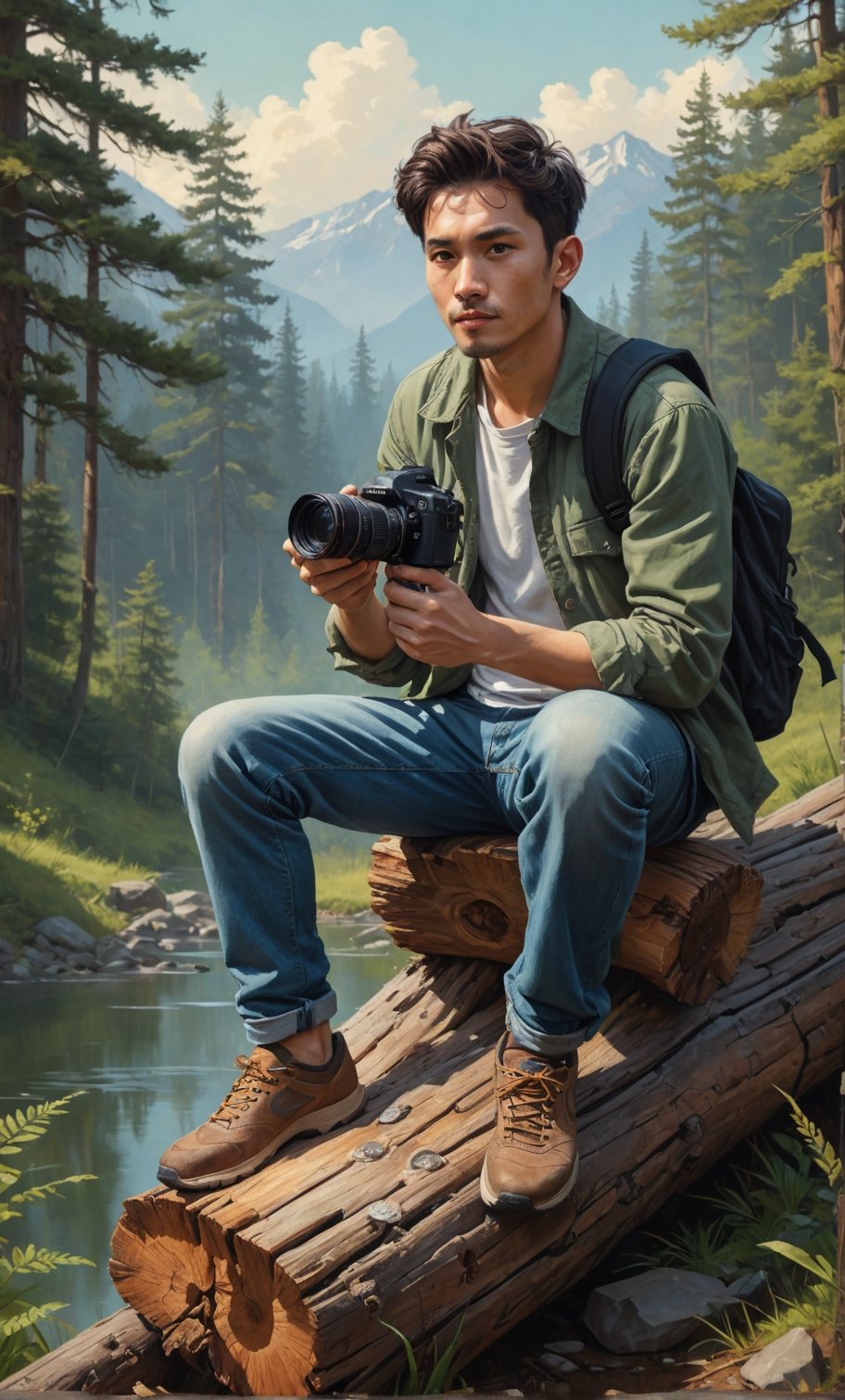 painting of a man sitting on a log with a camera, animal, inspired by Rudy Siswanto, high quality portrait, digital painting highly detailed, realism artstyle, cyril rolando and goro fujita, by Rudy Siswanto, realism art, enviromental portrait, (looking at viewer), traditional art, background mountain, inspired by Jeremy Chong, inspired by Jason Chan