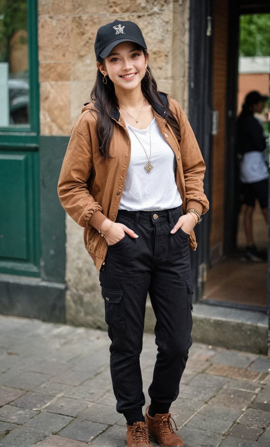 1girl, 20 years old, with long hair, smile, looking at viewer, black hair, long sleeves, hat, hair between eyes, brown eyes, jewelry, jacket, ponytail, sidelocks, cowboy shot, earrings, pants, hood, lips, black pants, hood down, baseball cap, pouch, hand in pocket, full_body