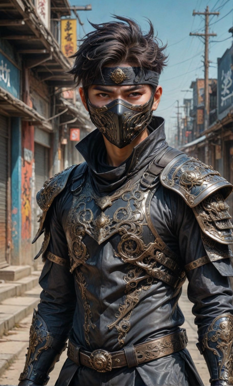 A fashionable young korean boy taking photos in the sunny weather, wearing urban techwear and mask, samurai waipon with a background of Memphis-style photography elements, cool pose, Ninja Assasin, featuring bright colors and artistic vibes. High-definition photo of a trendy boy in vibrant Memphis-style setting under the sun, full of lively colors and youthful energy, Nice legs and hot body, urban techwear, realhands