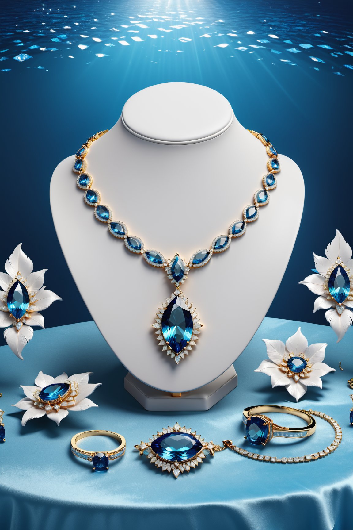 Photorealistic render in high definition of a jewelry set that includes a necklace, a bracelet, a ring and a pair of earrings, made of diamonds and blue precious stones, this entire set must be themed in the shape of a shark, until its presentation, the background must include feathers and flowers on a fabric background, iridescent glass and marble and luxurious oriental external decoration, full of elegant mystery, symmetrical, geometric and parametric details, Technical design, Cinematic lighting, 8k, Unreal, Photorealistic, Hyperrealism , CGI, VFX, SFX
