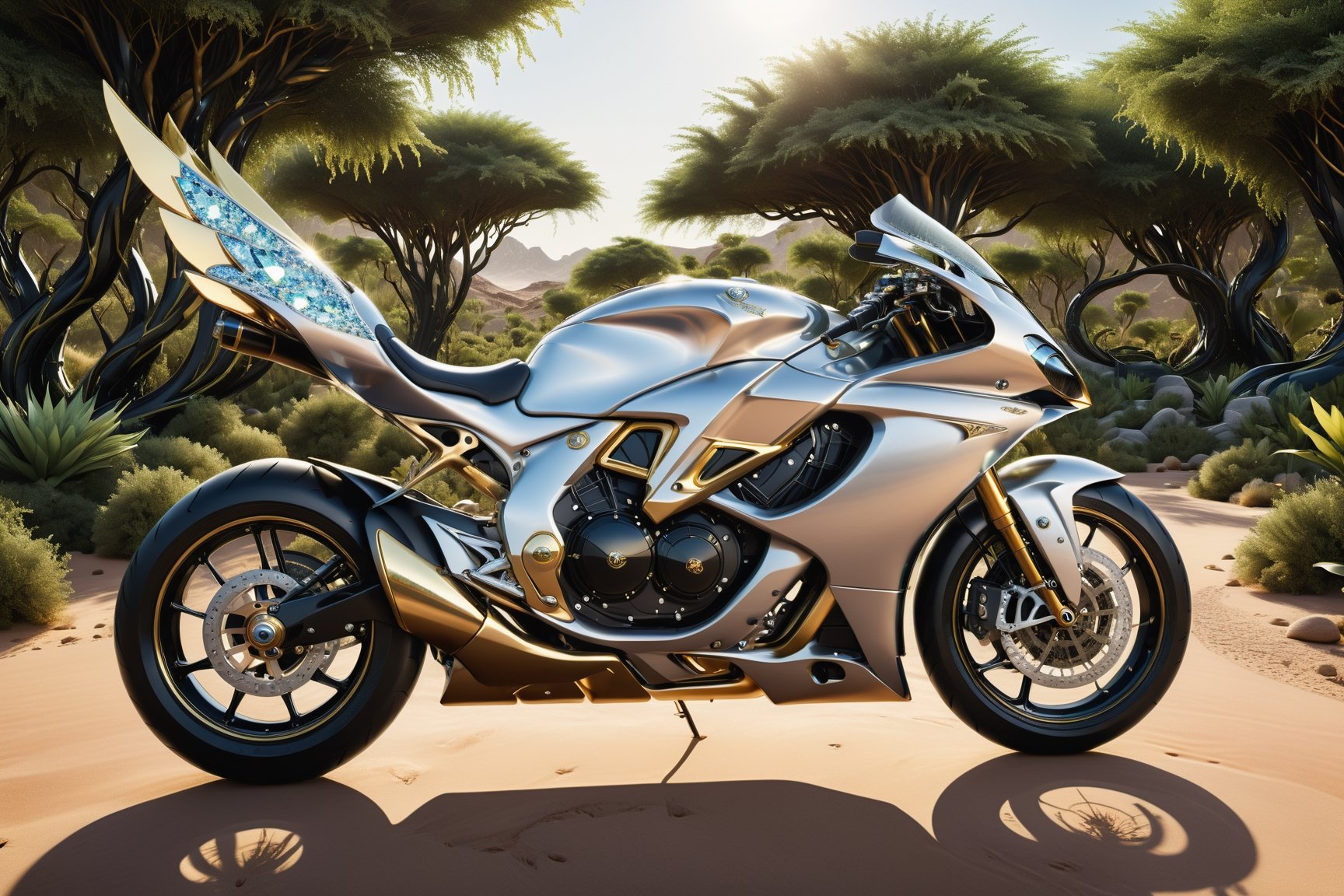 High definition photorealistic render of a luxury superbike in yacht very sculptural, in the surrealistic in a desert full of jungle, vines, giant trees and many rocks and a mystical and enigmatic desert place, with and bubbles and rays, with fluid and organic shapes, with a background where a parametric sculpture with dragon wings appears, in metal, marble and iridescent glass, with precious diamonds, with symmetrical curves in the shape of dragon wings in marble background black & white details gold, chaotic swarowski, inspired by the style of Zaha Hadid, gold iridescence, with black and white details. The design is inspired by the Tomorrowland 2022 main stage, with ultra-realistic Art Deco details and a high level of image complexity iridescence.

