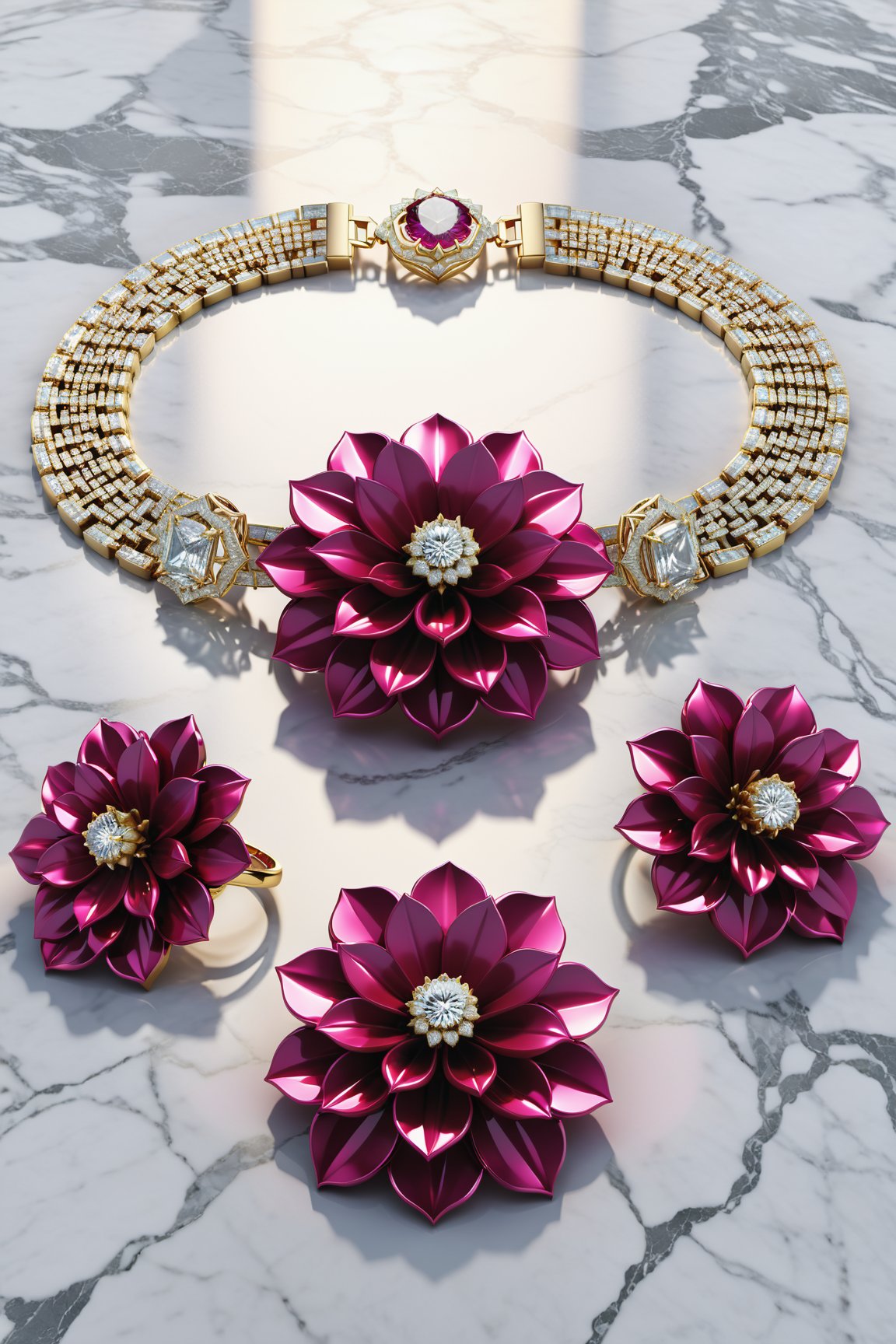 photorealistic render in high definition of an inspiration of a fuchsia dahlia flower of a jewelry set that includes a necklace, a bracelet, a ring and a pair of earrings, all of these must be made of white and fuchsia diamonds, since they must be themed or symbolically represent a dahlia, the jewelry set should be in marble and iridescent glass and marble and luxurious oriental external decoration, full of elegant mystery, symmetrical, geometric and parametric details, Technical design, Ultra intricate details, Ornate details, Stylized details , Cinematic Lighting, 8k, Unreal, Photorealistic, Hyperrealism, CGI, VFX, SFX