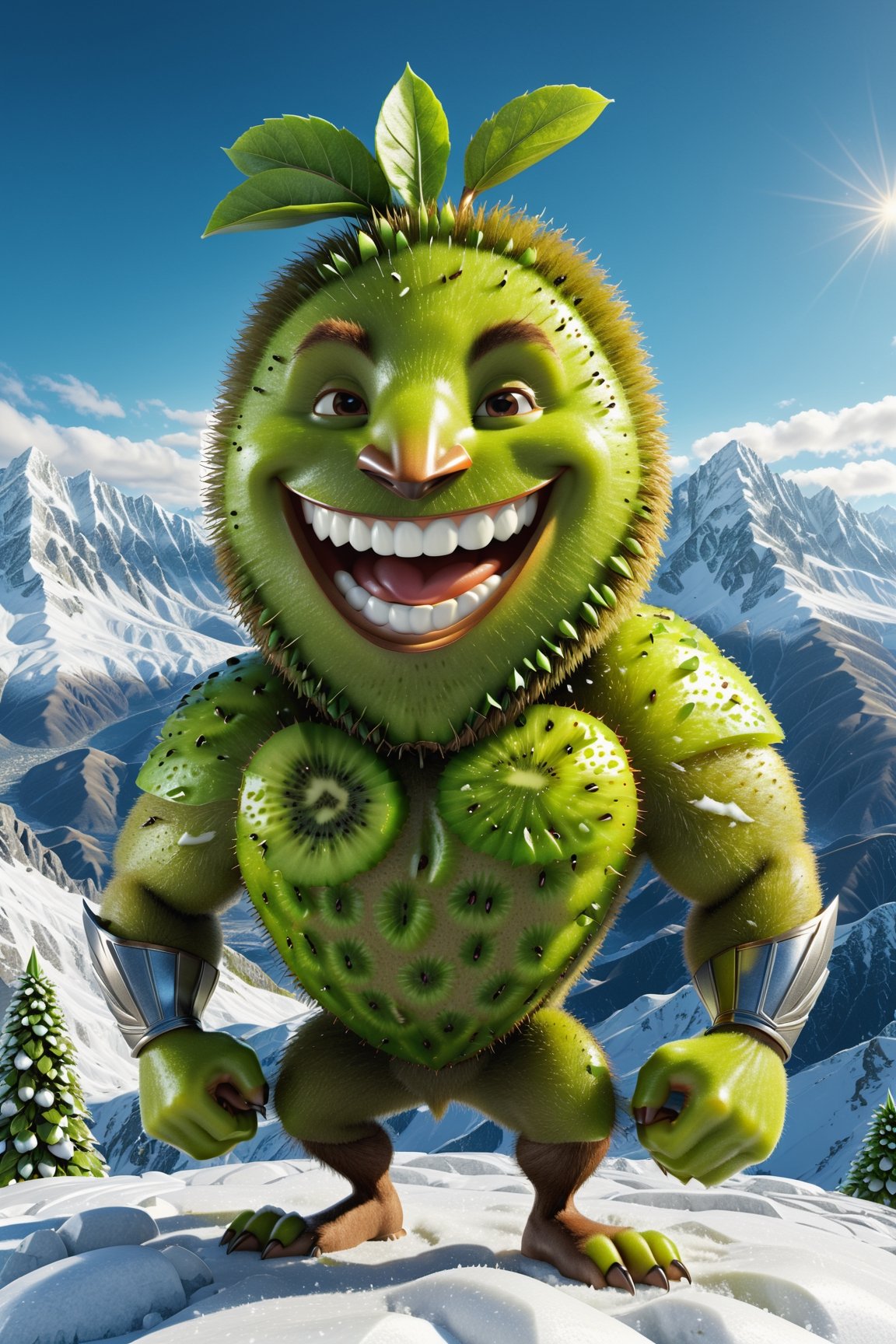High definition photorealistic render of an incredible and mysterious character of a fruit kiwi warrior, with men muscles and a big smile, in a mountains snow, with luxurious details in marble and metal and details in parametric architecture and art deco, the fruit It must be the head of the character full body pose fruit