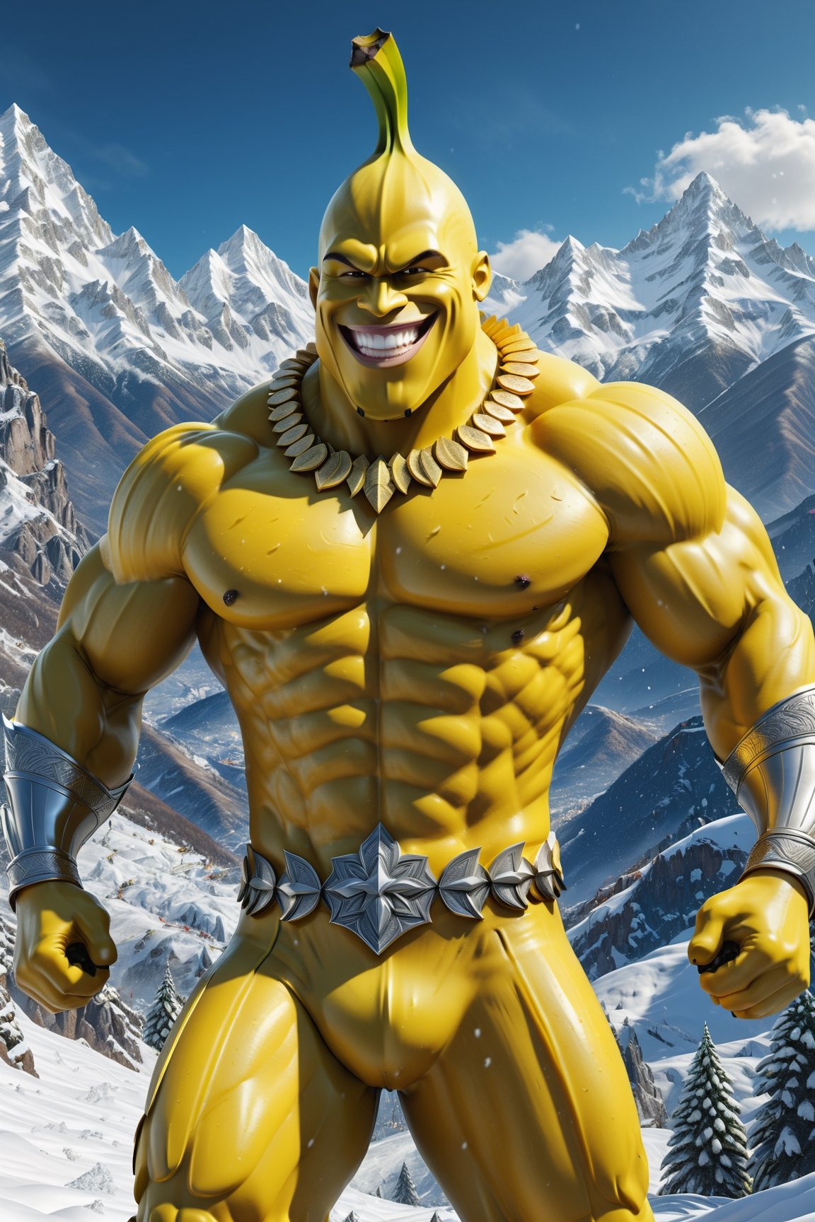 High definition photorealistic render of an incredible and mysterious character of a banana warrior, with body men muscles and a big smile, in a mountains snow, with luxurious details in marble and metal and details in parametric architecture and art deco, the fruit It must be the head of the character
