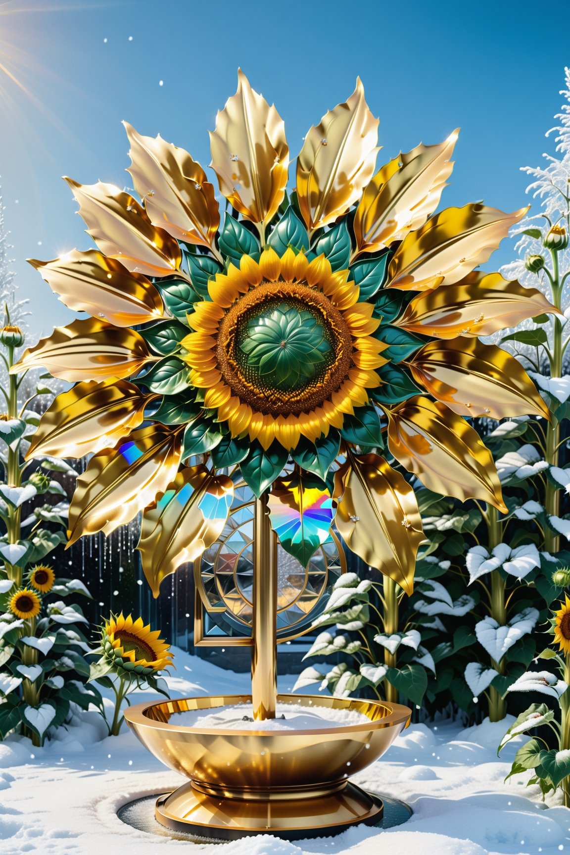 (best quality,  highres,  ultra high resolution,  masterpiece,  realistic,  extremely photograph,  detailed photo,  8K wallpaper,  intricate detail,  film grains), High definition photorealistic, luxurious hyperrealistic poster composition simetric holographic foil crystal of a luxury majestic and elegant sunflower with luxury details in gold and placed in a glass on a throne with marble and metal with sculptural sculpted glass with parametric architecture in the foreground located in an environment where there are many flowers but everything is covered in snow and flakes snow a beautiful floral garden with snow, gold, hipermaximalistic, with art deco style, high level of image complexity.