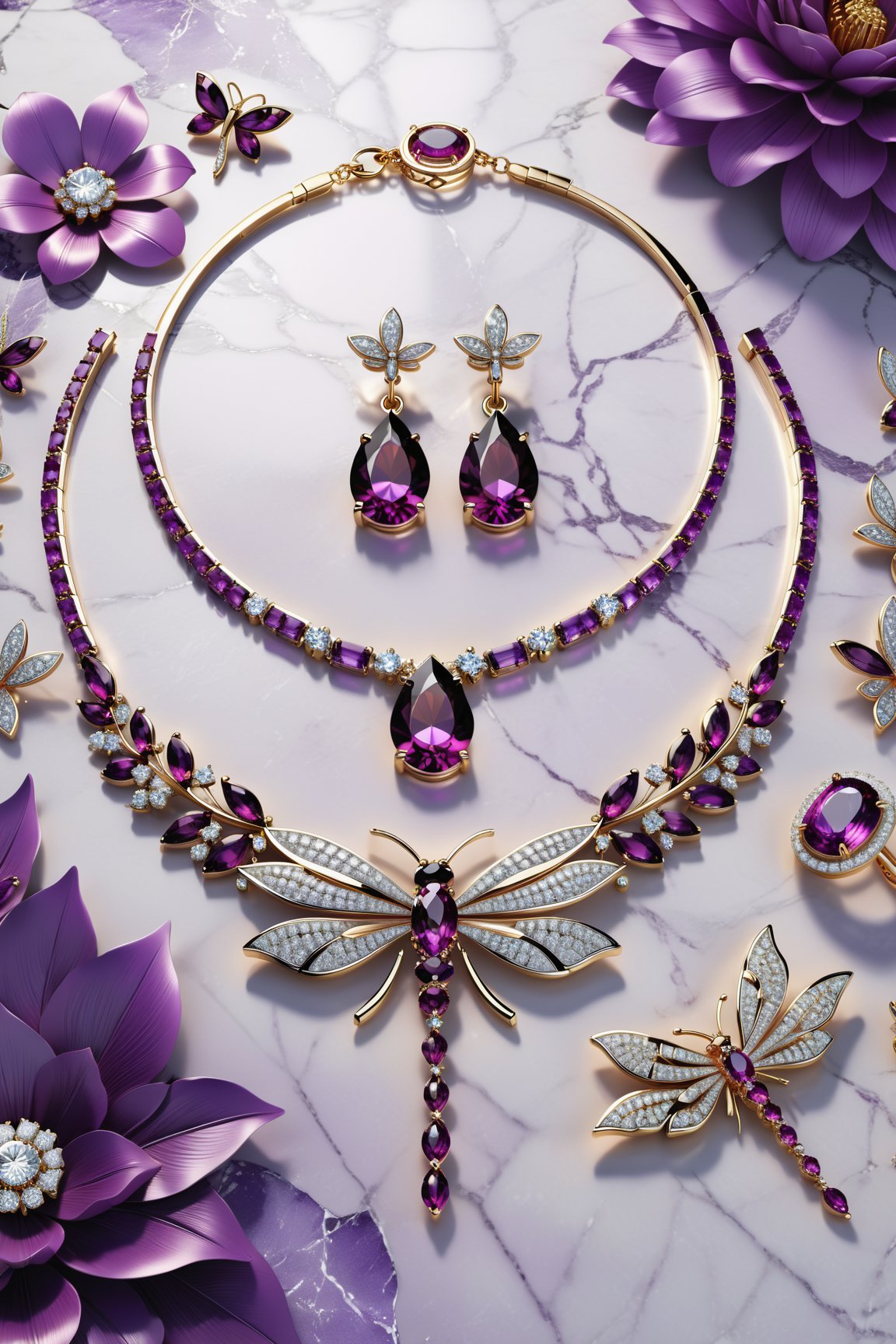 photorealistic render in high definition of a jewelry set that includes a necklace, a bracelet, a ring and a pair of earrings, made of diamonds and purple precious stones, this entire set must be themed in the shape of a dragonfly, until its presentation, the background should include feathers and flowers on a fabric background, iridescent glass and marble and luxurious oriental external decoration, full of elegant mystery, symmetrical, geometric and parametric details, Technical design, Ultra intricate details, Ornate details, Stylized details, Cinematic Lighting, 8k, Unreal, Photorealistic, Hyperrealism, CGI, VFX, SFX