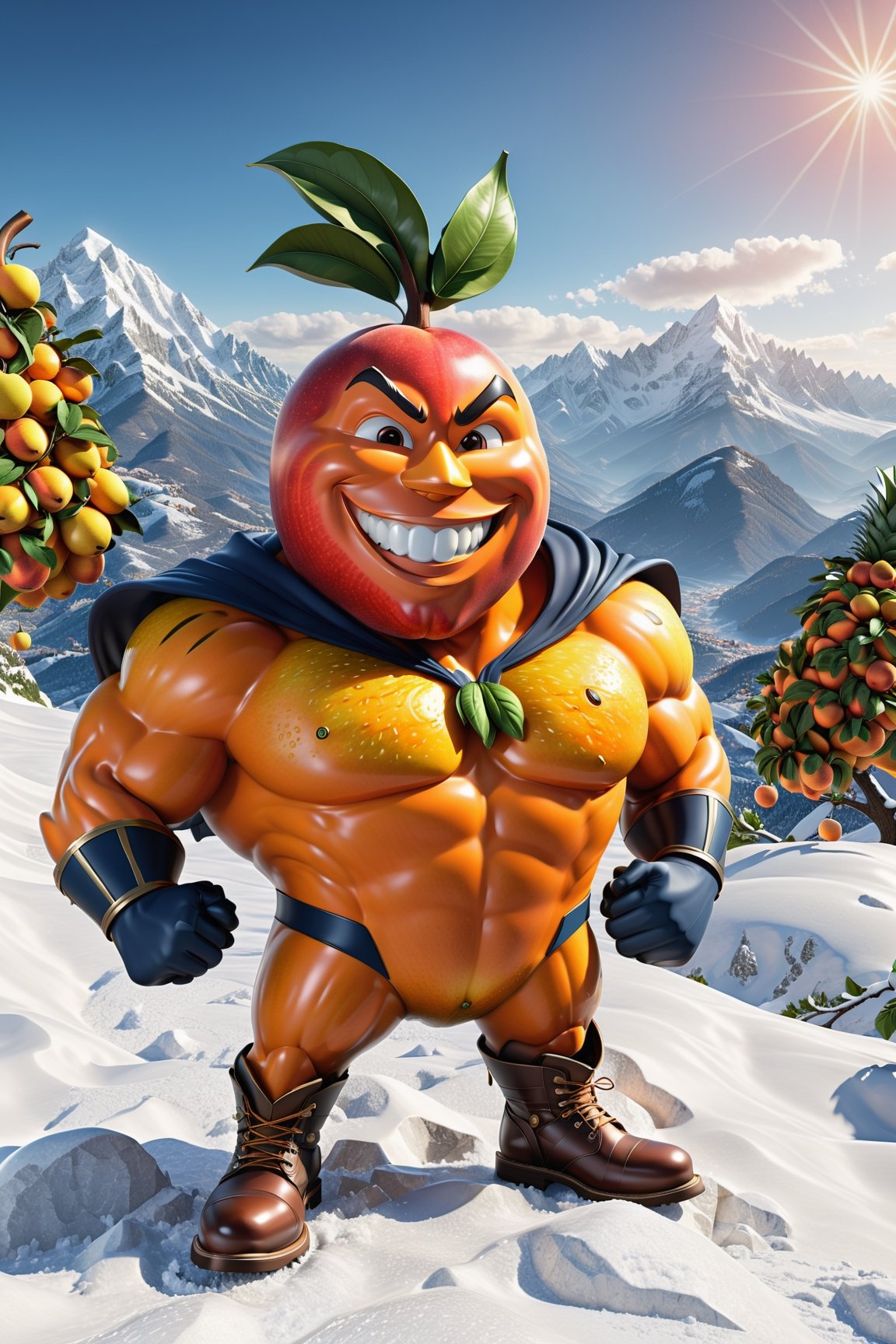 High definition photorealistic render of an incredible and mysterious character of a fruit mr peach mr warrior whith this fruit around the character, with men muscles and a big smile, with boots and capes, in a mountains snow, with luxurious details in marble and metal and details in parametric architecture and art deco, the fruit It must be the head of the character full body pose fruit, themed fruit and fruit themed costumes