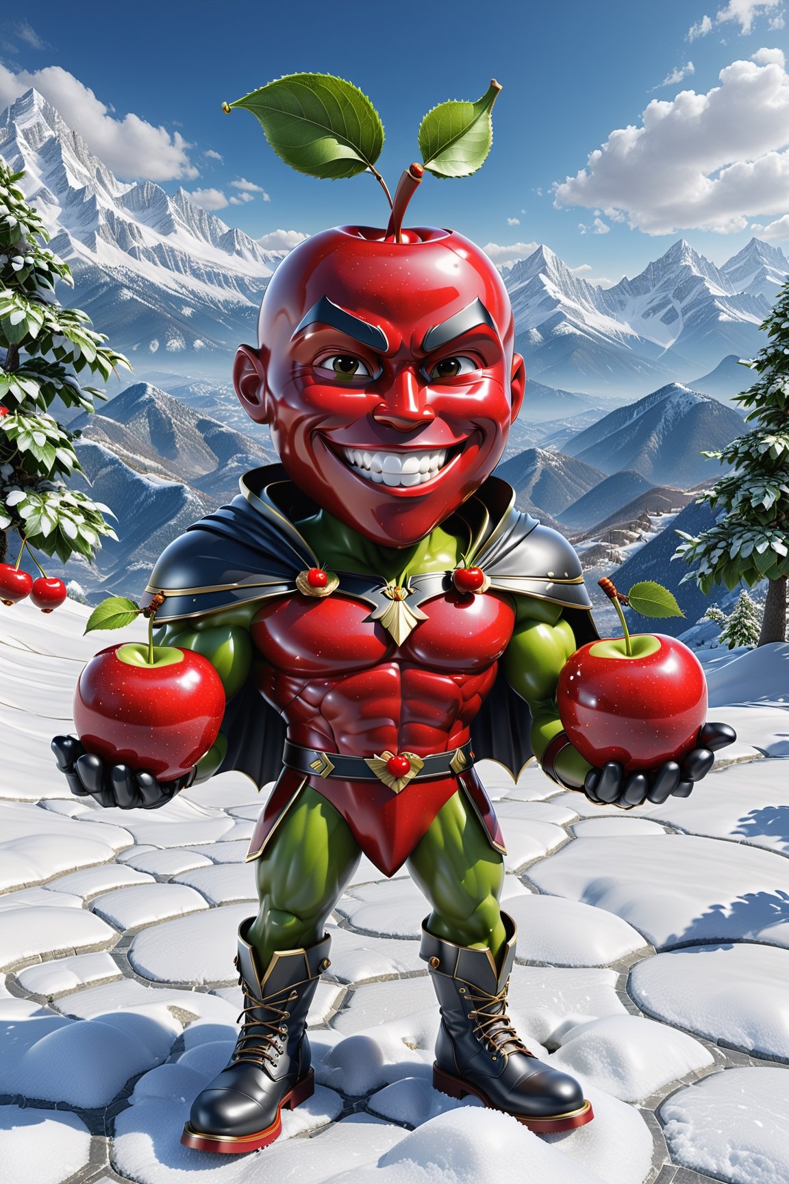 High definition photorealistic render of an incredible and mysterious character of a head fruit small cherry warrior, holding two cherries in his hands, with men muscles and a big smile, with boots and capes, in a mountains snow, with luxurious details in marble and metal and details in parametric architecture and art deco, the fruit It must be the head of the character full body pose fruit, themed fruit and fruit themed costumes, magical phantasy