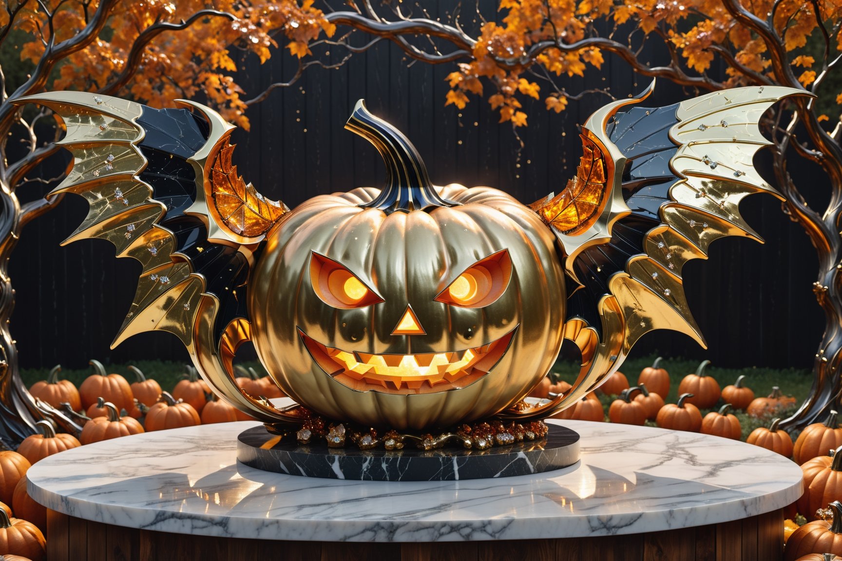 High definition photorealistic render of a luxury sculpture of a scary pumpkin with orange marble and gold metal, in an impressive and terrifying and bloody orchard, with a wooden cabin and enigmatic darkness, the pumpkin must be in the foreground focused with mythical wings and professional fantasy photography with blur and professional ISO and speed parameters high shutter, flash of lightning,  efect iridicent holographic marble and metal, with fluid and organic shapes, with a background where a parametric sculpture with wings appears, in metal, marble and iridescent glass, with precious diamonds, with symmetrical curves in the shape of dragon wings in marble background black & white details gold, chaotic swarowski, inspired by the style of Zaha Hadid, gold iridescence, with black and white details. The design is inspired by the Tomorrowland 2022 main stage, with ultra-realistic Art Deco details and a high level of image complexity iridescence.
