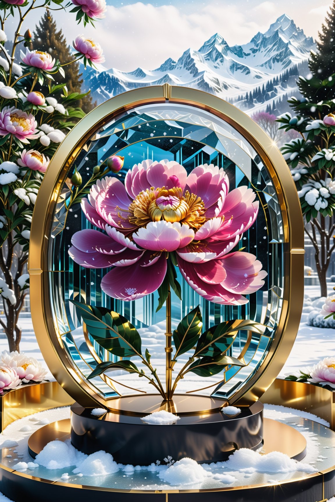 (best quality,  highres,  ultra high resolution,  masterpiece,  realistic,  extremely photograph,  detailed photo,  8K wallpaper,  intricate detail,  film grains), High definition photorealistic, luxurious hyperrealistic poster composition simetric holographic foil crystal of a luxury majestic and elegant Peony with luxury details in gold and placed in a glass on a throne with marble and metal with sculptural sculpted glass with parametric architecture in the foreground located in an environment where there are many flowers but everything is covered in snow and flakes snow a beautiful floral garden with snow, gold, hipermaximalistic, with art deco style, high level of image complexity.