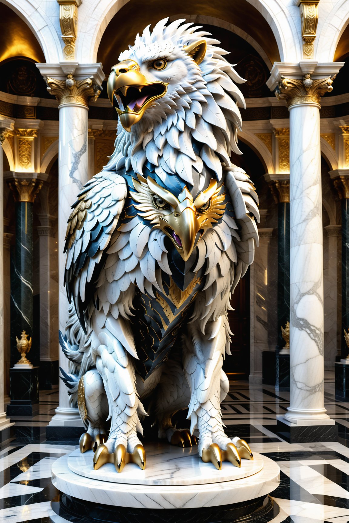 luxurious artistic sculpture in marble and metal of a luxurious sculptural hybrid monster of a fusion between an eagle with a lion, beautiful hybrid creation, epic fusion of animals, and epic composition in a luxurious mega castle in marble and metal