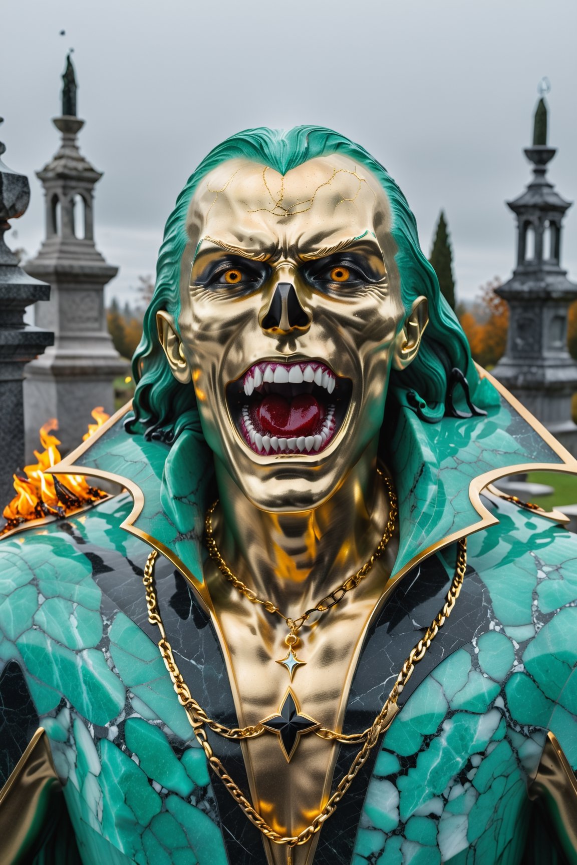 (best quality, highres, ultra high resolution, masterpiece, realistic, extremely photograph, detailed photo, 8K wallpaper, intricate detail, film grains), (best quality,  highres,  ultra high resolution,  masterpiece,  realistic,  extremely photograph,  detailed photo,  8K wallpaper,  intricate detail,  film grains),  photorealistic high definition photography of a luxurious Halloween sculpture of a terrifying vampire with his typical costume and large blood fangs,  in aquamarine green marble,  black and white and gold metal with iridescence effect,  in an abandoned cemetery,  with parametric style of zaha hadid,  path of candles,  rocks,  autumn scene with blood,  chains,  fire and smoke,  enigmatic darkness,  the vampire must be guarding with a ghost,  professional photography with blur and professional ISO parameters and high shutter speed,  lightning in a mysterious night the cemetery must have tombs with fluid and organic and pointed shapes,  in metal,  marble and iridescent glass,  with symmetrical curves on a marble background,  details in black and white gold,  ruby,  inspired by Zaha Hadid's style,  golden iridescence,  with details in black and white. The design is inspired by the Tomorrowland 2022 main stage,  with ultra-realistic Art Deco details and a high level of iridescent image complexity.