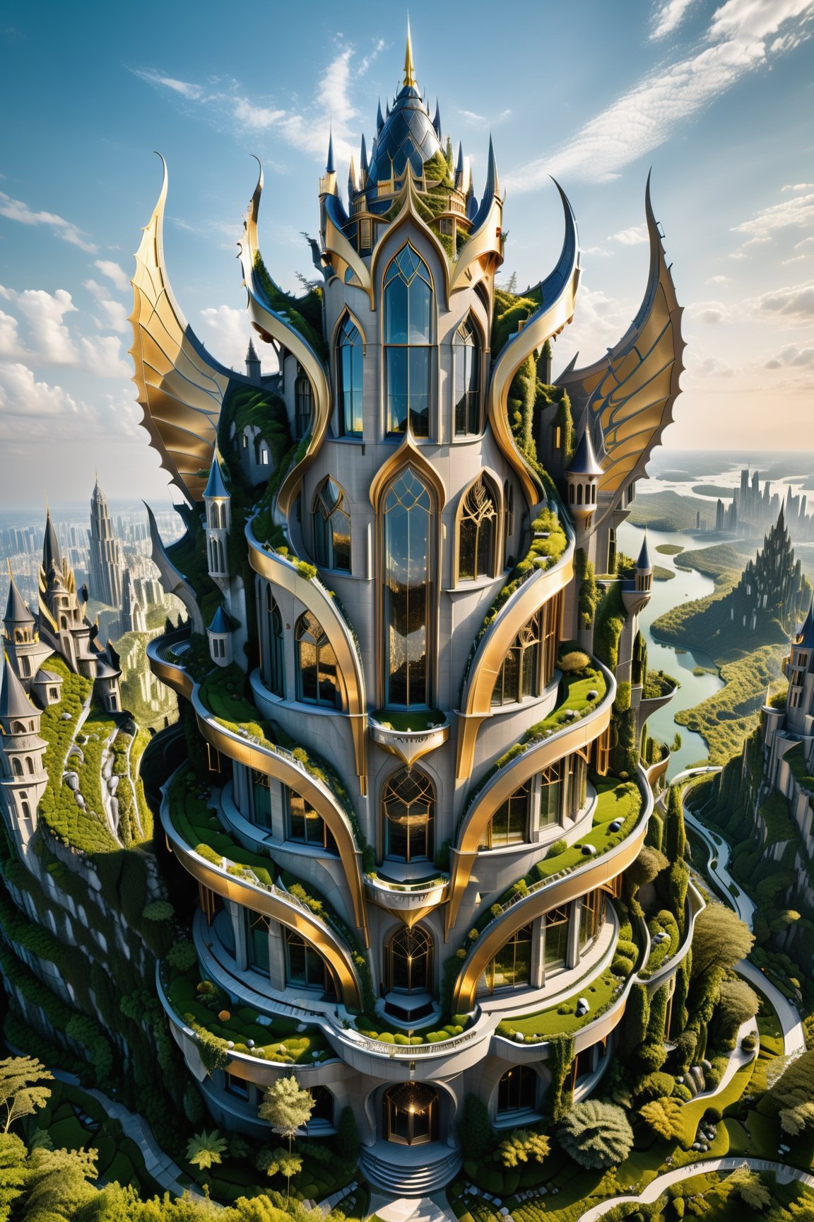(best quality,  highres,  ultra high resolution,  masterpiece,  realistic,  extremely photograph,  detailed photo,  8K wallpaper,  intricate detail,  film grains), luxurious surreal scene of a giant vertical castle with dragon and hypersound rocket in parametric style, with flowing curves in black and white marble, gold metal and iridescent glass, inspired by Zaha Hadid, symmetrical, flowing curves and pointed corners, an aggressive design and imposing with art deco style details, located in a ruined city covered in moss and invasive plants with broken glass and destructive tornadoes.
