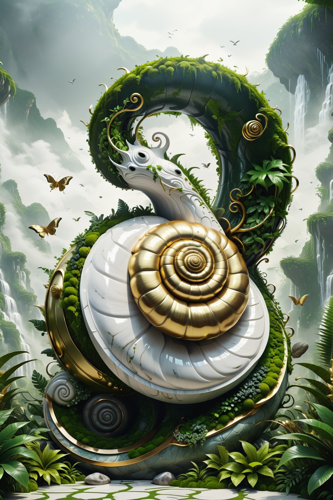 High definition photorealistic render of an incredible and mysterious futuristic mythical creating creature inusual big with giant snail with wings snake in splosion monster with parametric shape and structure in the word, curved and fluid shapes in a thick jungle full of a lot of vegetation and trees with vines and rocks with moss, in white marble with intricate gold details, luxurious details and parametric architectural style in marble and metal, epic pose
​