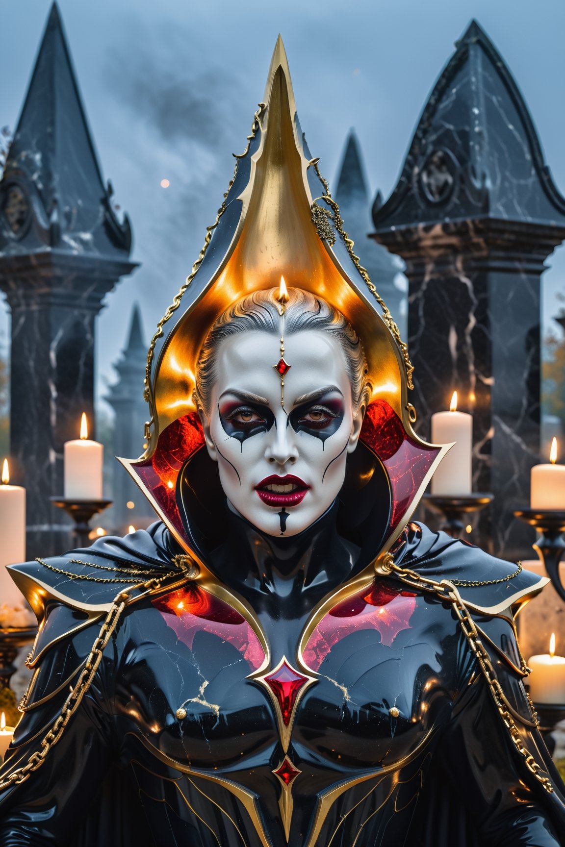 (best quality,  highres,  ultra high resolution,  masterpiece,  realistic,  extremely photograph,  detailed photo,  8K wallpaper,  intricate detail,  film grains),  photorealistic high definition photography of a luxurious Halloween sculpture of a terrifying vampire with his typical costume and large blood fangs, in  marble and gold metal with iridescence effect,  in an abandoned cemetery,  with parametric style of zaha hadid,  path of candles,  rocks,  autumn scene with blood,  chains,  fire and smoke,  enigmatic darkness,  the vampire must be guarding with a ghost,  professional photography with blur and professional ISO parameters and high shutter speed,  lightning in a mysterious night the cemetery must have tombs with fluid and organic and pointed shapes,  in metal,  marble and iridescent glass,  with symmetrical curves on a marble background,  details in black and white gold,  ruby,  inspired by Zaha Hadid's style,  golden iridescence,  with details in black and white. The design is inspired by the Tomorrowland 2022 main stage,  with ultra-realistic Art Deco details and a high level of iridescent image complexity.