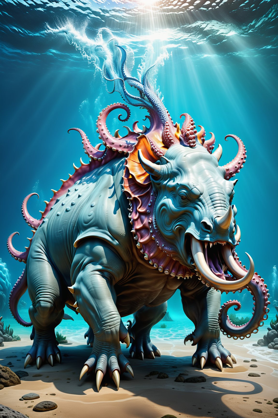 High definition photorealistic render of a incredible and mysterious mythological Luxurious sculptural hybrid monster of a fusion between a rhinoceros and a octopus, epic fusion of animals