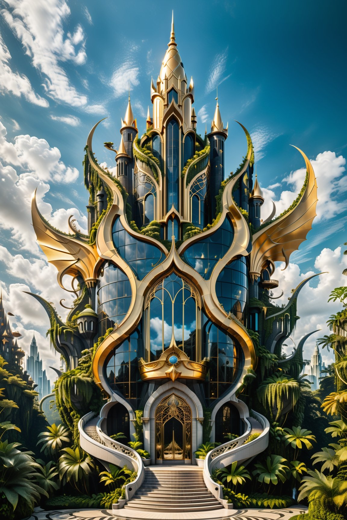(best quality,  highres,  ultra high resolution,  masterpiece,  realistic,  extremely photograph,  detailed photo,  8K wallpaper,  intricate detail,  film grains), luxurious surreal scene of a giant vertical castle with dragon wings and hyperconical rocket in parametric style, with flowing curves in black and white marble, gold metal and iridescent glass, inspired by Zaha Hadid, symmetrical, flowing curves and pointed corners, an aggressive design and imposing with details in art deco style, located in an Amazon jungle with a river with moss stones and trees