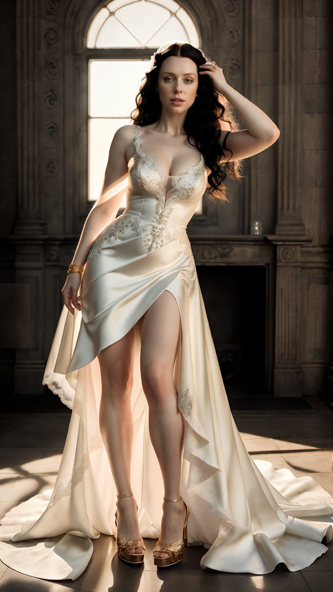A full body portrait of Gwendoline Christie, (((full body))), long curly black hair, high heels, orgasm face, wearing a ((bridal dress))), bare feet, looking straight in camera, in frame, photograph, highly detailed face, moody light, golden hour, centered, extremely detailed, Nikon D850, award winning photography, modelshoot style