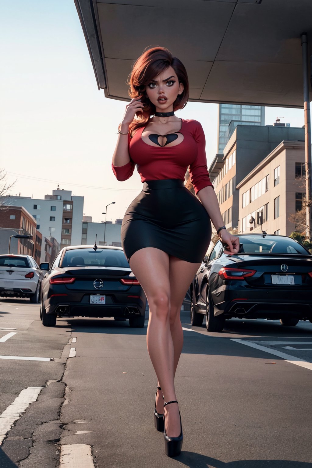 ((Fullbody)),standing,makeup,black lipstick,mohawk_(hair),walking ,hair over one eye,older_female,jessicarab, rock tshirt, elavator, Black pencil skirt.Enhance,angry, high heel pumps,White blouse with a plunging neckline, slightly unbuttoned,helenparr