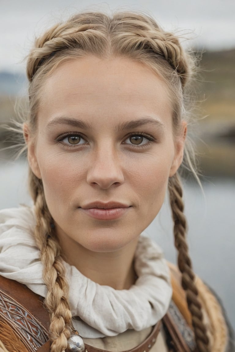 portrait of a young Scandinavian woman dressed in valkyrie, real skin with imperfections, symmetrical nose, smiling lips timidly, looking towards the camera, f/1.2, 80mm, abandoned Viking harbor setting, windy day, depth of field, film photography, color gradation, exquisite detail, sharp focus, intricate, long exposure time, f/2.8, diffuse light, award-winning photography, hyper-realistic engine, unreal, realistic lens flash, cinematographic lighting, studio lighting, beautiful lighting, accent lighting, global lighting, global ray tracing lighting, ray tracing reflections, ray tracing reflections, lumen reflections, screen space reflections, Anti-Aliasing, FKAA, TXAA, RTX, SSAO, Shaders, OpenGL-Shaders, elegant, 4K, -ar 3:2