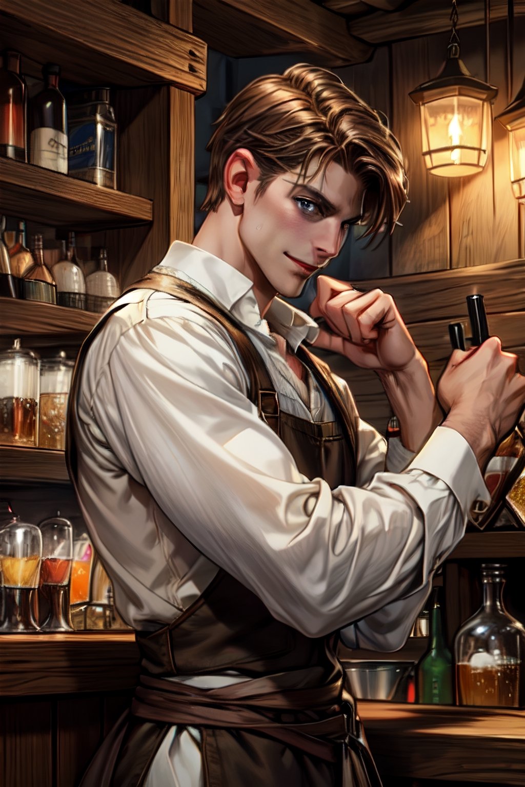 1 photograph, detailed lips, portrait, 1 male, mysterious face, mature face, (brown hair), short hair, neat hair, blue eyes, (handsome), wearing peasant cloth, (right side), (glowing), ((tavern bar: background)),4k, masterpiece, (dynamic pose)), Male, cheap outfit, mysterious slightly smile, german male, Germany Male, slender, slim body, thin body, white outfit, young face