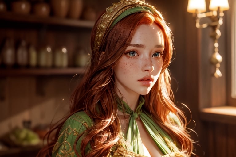 1 photograph, detailed lips, portrait, 1 female, (red hair), longhair, green eyes, (beautiful face), peasant dress, commoner cloth, ((tavern kitchen: background)),4k, masterpiece, (dynamic pose)), Detailed face, detailed eyes, soft colors, (high-resolution:1.2), soft lighting, cinematic scene, freckles, no accessory, wearing brown headscarf, perfect eyes, detailed eye, wearing brown apron, long sleeve dress, yuzu,plaindoll,beautiful edgArg_woman