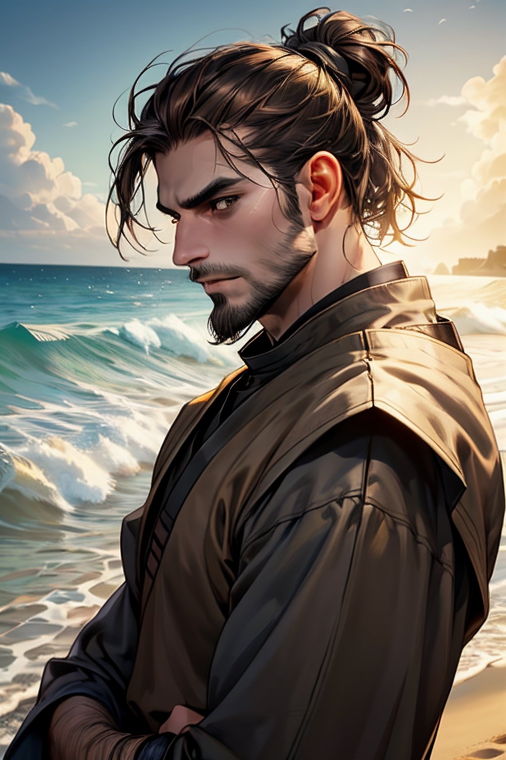 1 photograph, portrait, 1 male, ripped, sad face, (dark brown hair), man bun, dark brown eyes, stubble beard, (handsome), medieval commoner cloth, ((right side view)), (right side), (glowing), ((beach: background)),4k, masterpiece, (dynamic pose)),