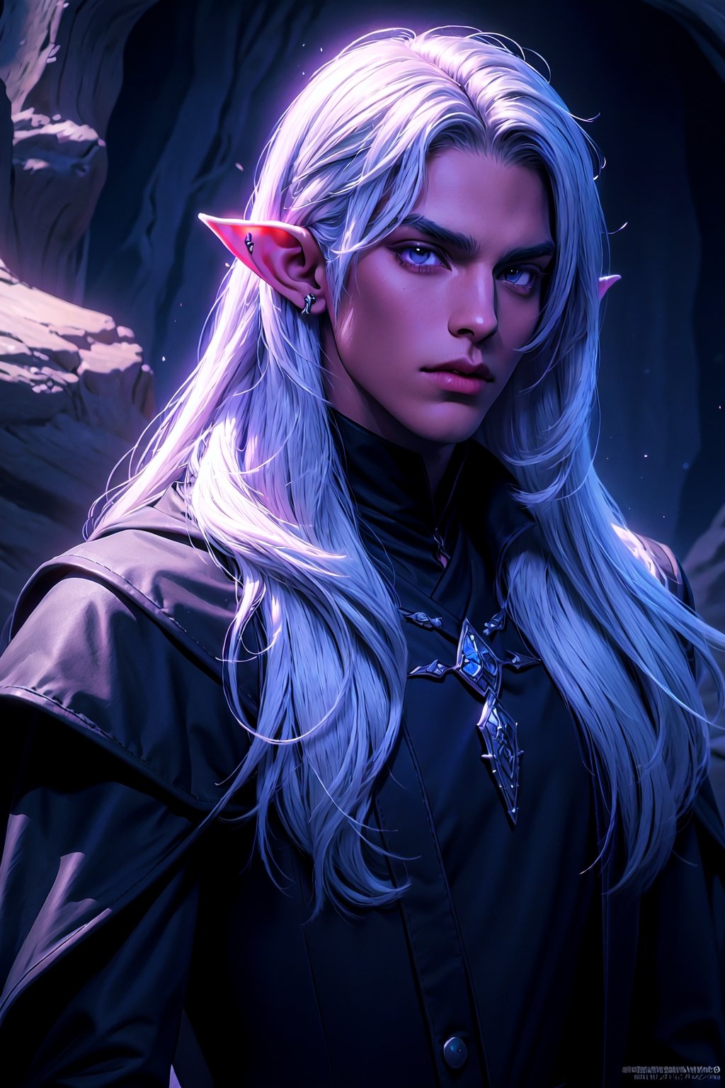 1 photograph, detailed lips, portrait, 1 male, calm face, amature face, (silver hair), long hair, straight hair, purple eyes, (handsome), wearing black long coat, rogue outfit, (right side), (glowing), ((cave: background)),4k, masterpiece, (dynamic pose)),elf ears, pointed ears, male, Detailedface, dark skin,  black skin,tan,handsome,boy, drow, dark elf, night elf