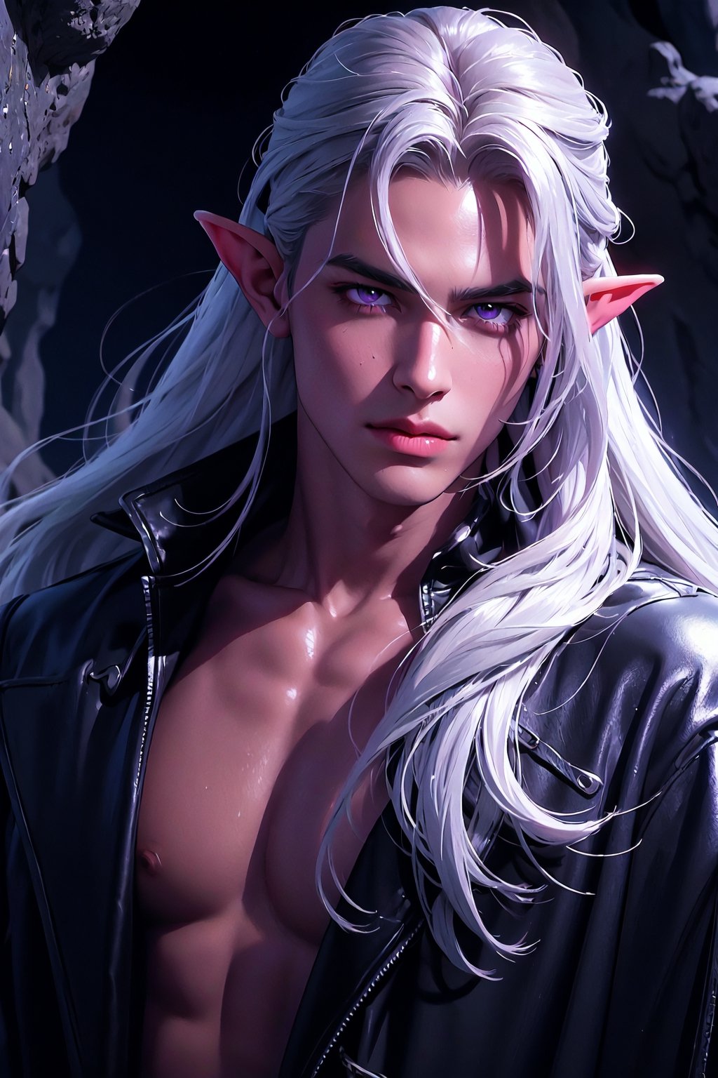 1 photograph, detailed lips, portrait, 1 male, calm face, amature face, (silver hair), long hair, straight hair, purple eyes, (handsome), wearing black long coat, rogue outfit, (right side), (glowing), ((cave: background)),4k, masterpiece, (dynamic pose)),elf ears, pointed ears, male, Detailedface, dark skin,  black skin,tan,handsome,boy