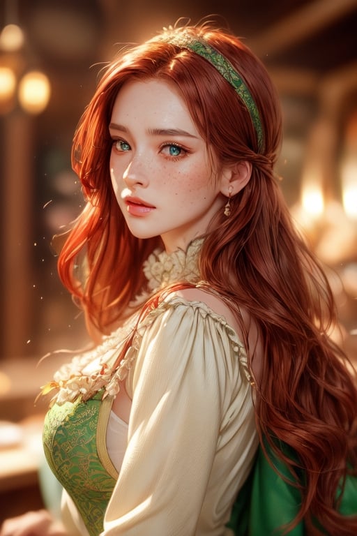 1 photograph, detailed lips, portrait, 1 female, (red hair), longhair, green eyes, (beautiful face), peasant dress, commoner cloth, ((tavern kitchen: background)),4k, masterpiece, (dynamic pose)), Detailed face, detailed eyes, soft colors, (high-resolution:1.2), soft lighting, cinematic scene, freckles, no accessory, wearing brown headscarf, perfect eyes, detailed eye, wearing brown apron, long sleeve dress, yuzu,plaindoll,beautiful edgArg_woman