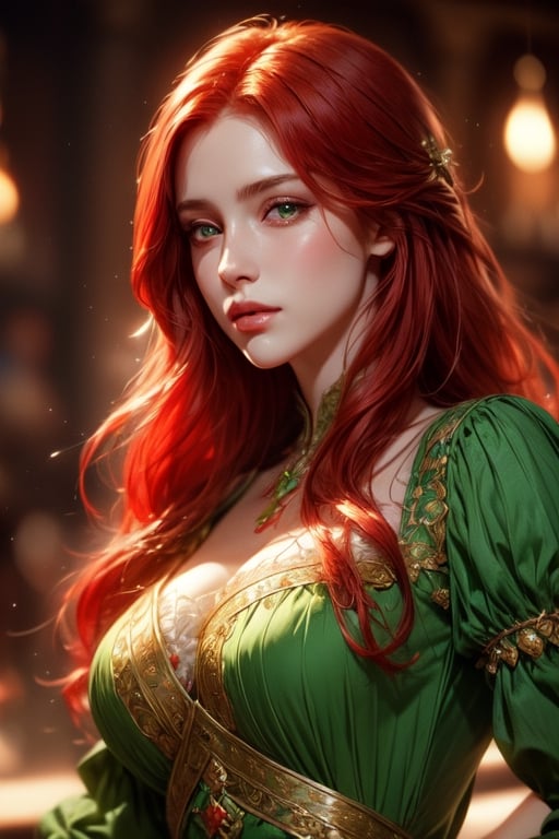 1 photograph, detailed lips, portrait, 1 female, (red hair), long hair, green eyes, (beautiful face), peasant dress, commoner cloth, ((tavern: background)),4k, masterpiece, (dynamic pose)),Detailed face, detailed eyes, soft colors, (high-resolution:1.2), soft lighting
