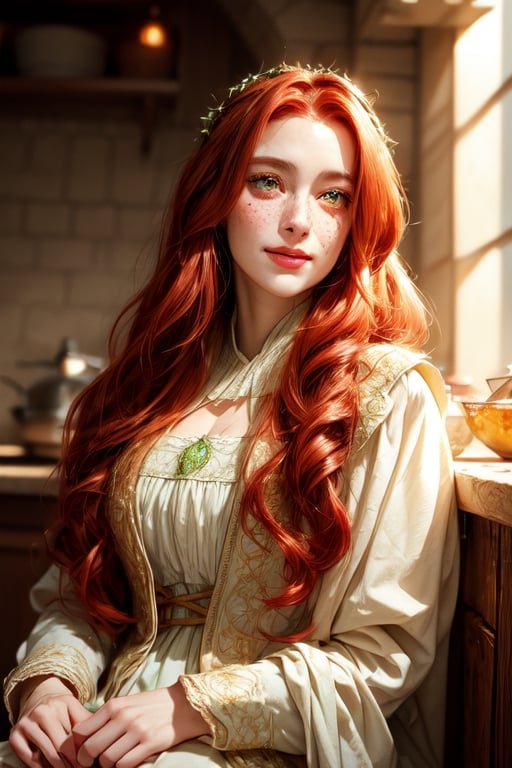 1 photograph, detailed lips, portrait, 1 female, (red hair), longhair, green eyes, (beautiful face), white peasant dress, white medieval outfit, ((tavern kitchen: background)),4k, masterpiece, (dynamic pose)),Detailed face, detailed eyes, soft colors, (high-resolution:1.2), soft lighting, cinematic lighting, perfect eyes, freckles, no accessory, white headscarf, brown apron, half body, smiling