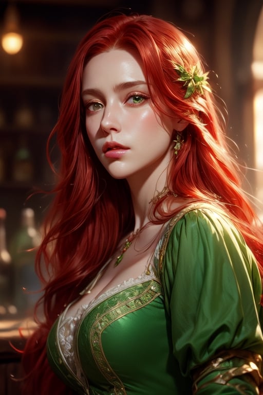 1 photograph, detailed lips, portrait, 1 female, (red hair), long hair, green eyes, (beautiful face), peasant dress, commoner cloth, ((tavern: background)),4k, masterpiece, (dynamic pose)),Detailed face, detailed eyes, soft colors, (high-resolution:1.2), soft lighting, cinematic scene