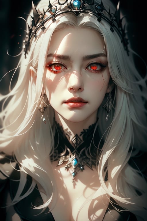 1 photograph, detailed lips, portrait, 1 female, angry face, mysterious smile, (white hair), long hair, (beautiful face), dark cleric outfit, silver earrings, silver tiara, silver necklace, ((darkest ruin: background)),4k, masterpiece, (dynamic pose)), Detailed face, detailed eyes, colors, otherworldly charm, (detailed cloudscape:1.3), (high-resolution:1.2), cinematic movement,1 girl, yuzu, Detailedface, dark light, half body, luminous and glowing red eyes, dark color, dark energy, dark lighting, fade dark, blood stain on the cheek, red light in the eyes