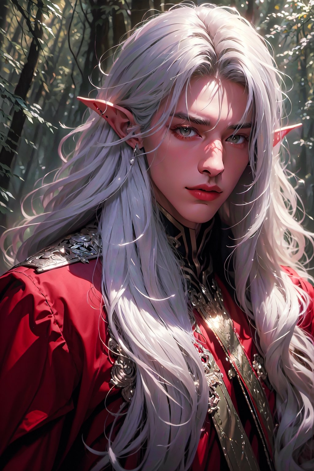 1 photograph, detailed lips, portrait, 1 male, calm face, amature face, (silver hair), long hair, straight hair, red eyes, (handsome), wearing long coat, rogue outfit, (right side), (glowing), ((forest: background)),4k, masterpiece, (dynamic pose)),elf ears, pointed ears, male, Detailedface, dark skin,  black skin