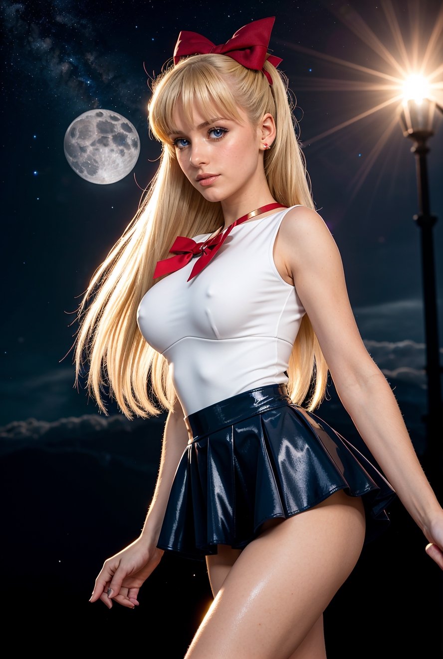 Masterpiece, Full: 1.3, Stand, 8K, 3D, Realistic, Ultra Micro Shooting, Top Quality, Extreme Detail CG Unity 8K Wallpaper, from below, intricate details, 16 years old, (meishaonv Sailor Venus super sailor venus mer1, Tiara, Sailor Senshi Uniform Sailor: 1.2, Sailor Venus: 1.2), Impossibly long bright twin-tailed blonde, thin and very long straight twin-tailed blonde, hair bun, red round hair ornament in a hair bun, Sailor Senshi uniform, (blue collar, blue sailor collar, blue pre-gate mini skirt: 1.3, very large red bow on the chest: 1.3, long white latex gloves: 1.3, red gloves on the elbows, Very large red bow behind the waist: 1.1, cleavage is looking large, golden tiara, earrings), (face details: 1.5, bright blue eyes, beautiful face, beautiful eyes, shiny eyes, thin lips: 1.5, thin and sharp pale eyebrows, long dark eyelashes, double eyelashes), luxurious golden jewelry, huge white wings,thin, thin and muscular, small face, big breasts, perfect proportions, Thin waist, sexy model pose, visible pores, seductive smile, perfect hands: 1.5, high-leg swimsuit, very thin and fit high-gloss white holographic leather, octane rendering, very dramatic image, strong natural light, sunlight, exquisite lighting and shadow, dynamic angle, DSLR, sharp focus: 1.0, Maximum clarity and sharpness, (space background, moonlight, moon, dynamic background, detailed background)
,sv1