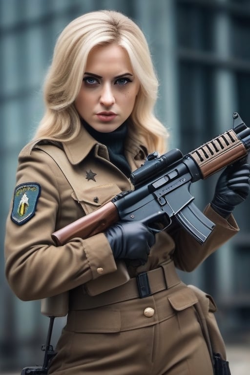 beautiful, blonde, female fascist soilder, tactical, heeled_boots, large eyes, gloves, firearm, elite, SS, freckles, special_forces, leather_outfit,aw0k euphoric style