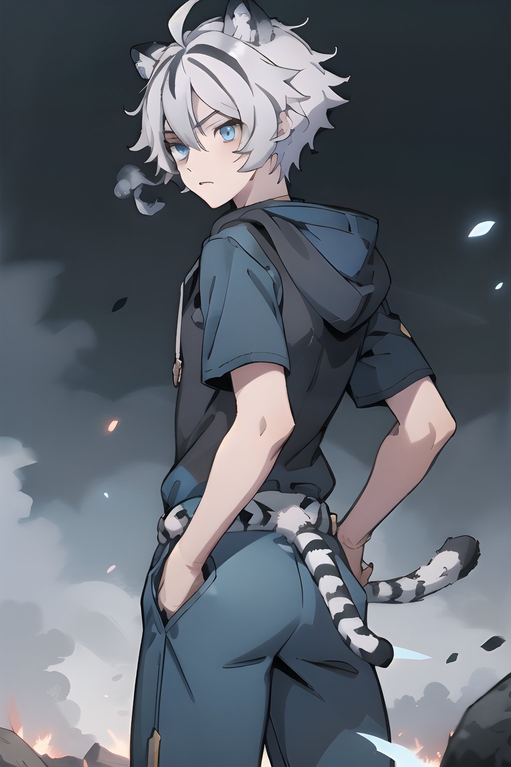 digital illustration, Fohl Fayon, tiger boy, tiger tail, two tone hair, white hair, black hair, tiger ears, hair, blue eyes, blue pants, blue shirt, (hood) (battlefield) (boy's face) Showing your back, on your back, without looking back, hands in your pockets 